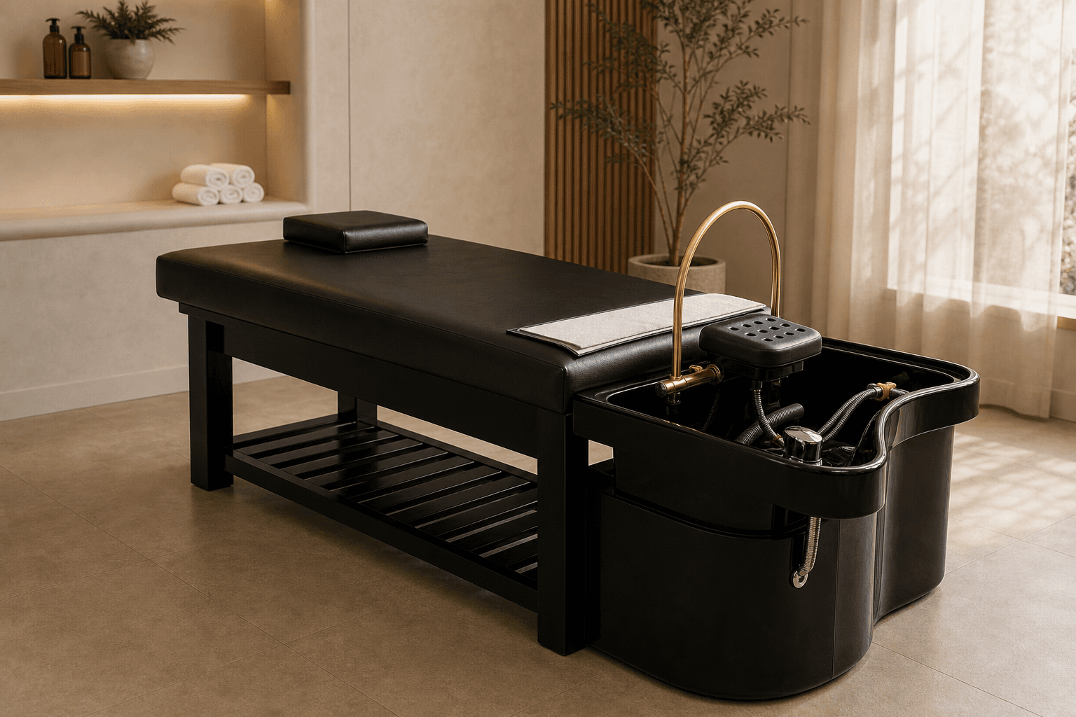 Giường gội đầu spa màu đen có bồn tích hợp và vòi mạ vàng